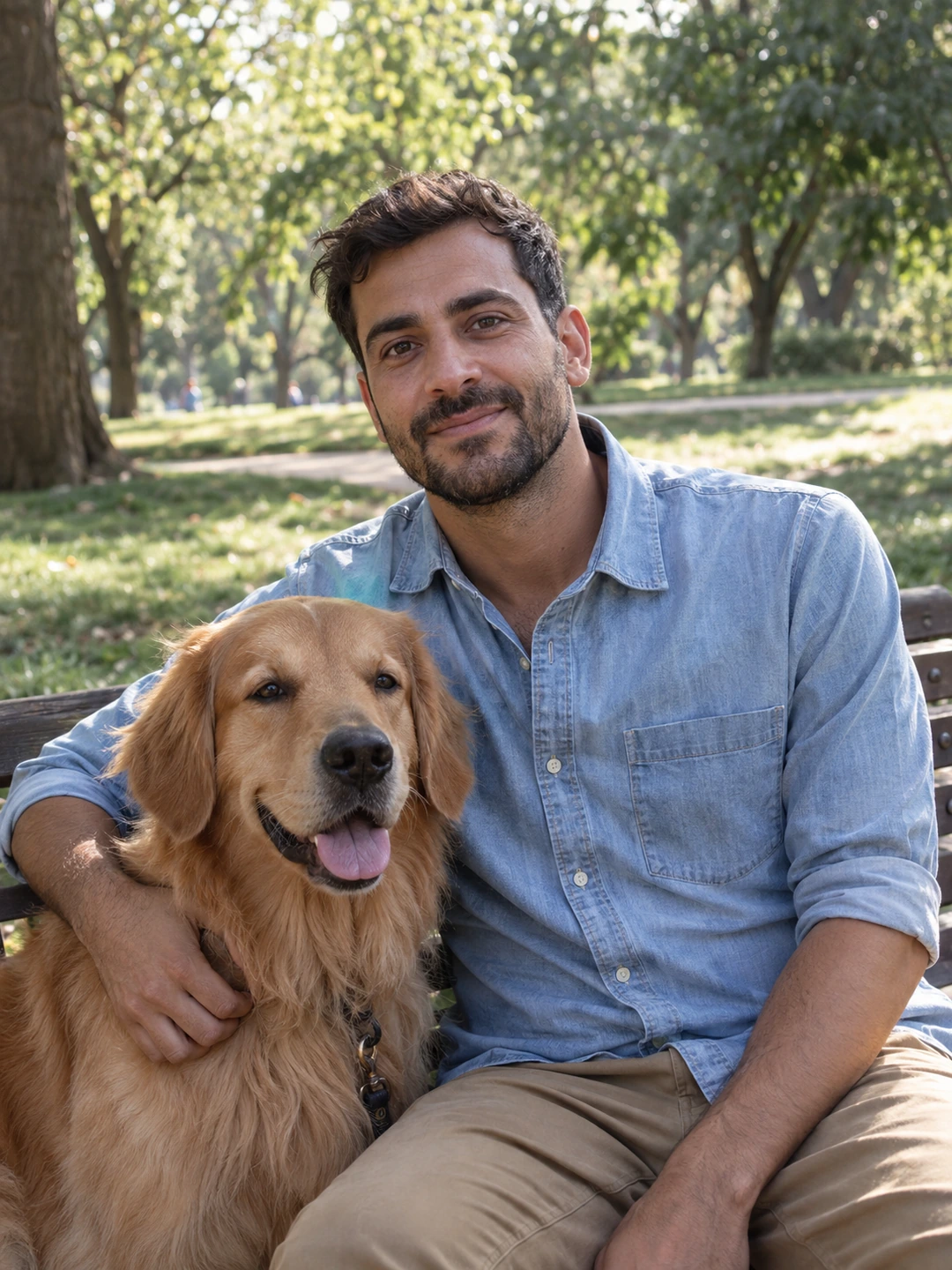 Relaxed portrait while walking a dog in the park