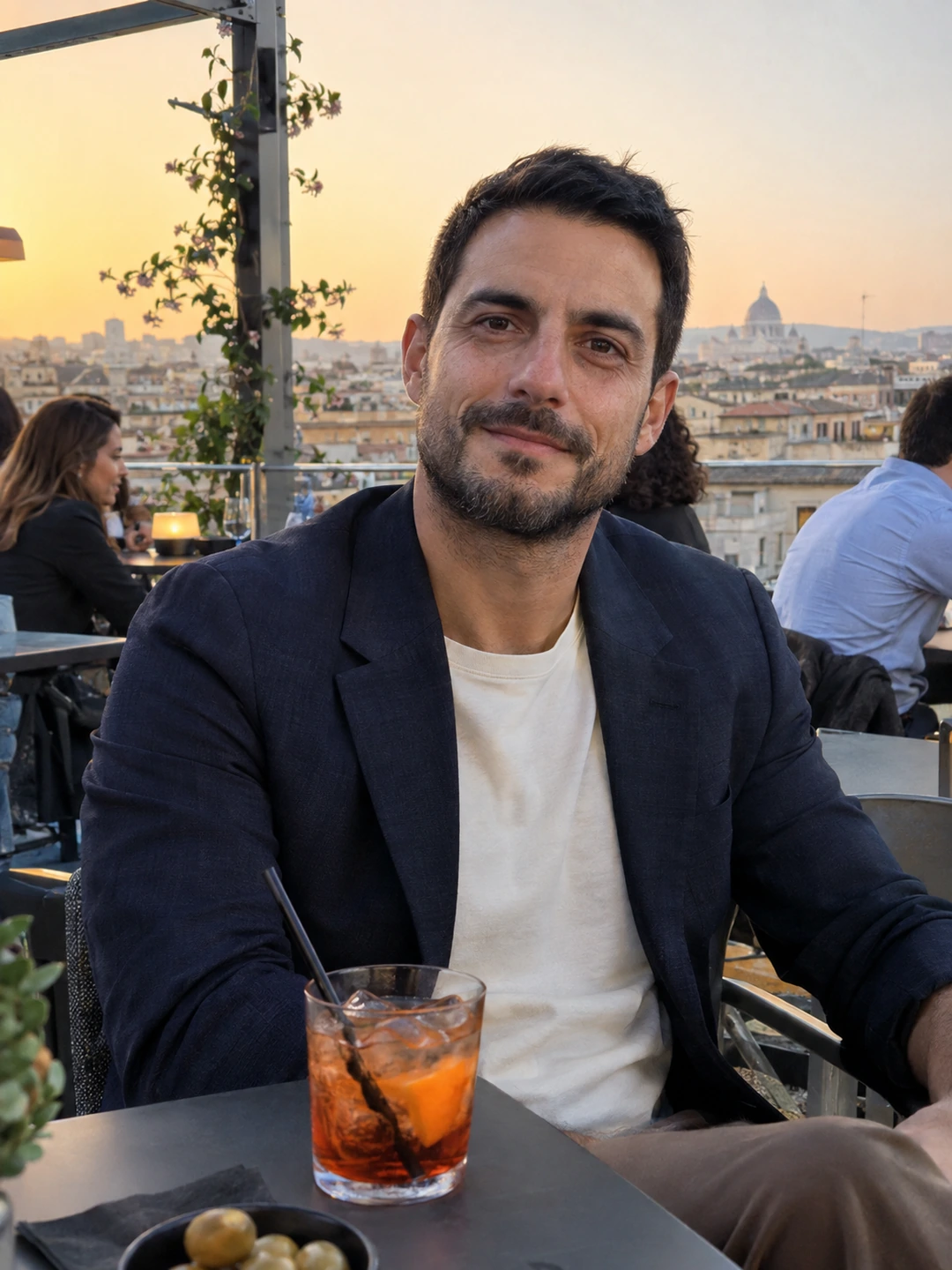 Business-casual portrait on a city rooftop