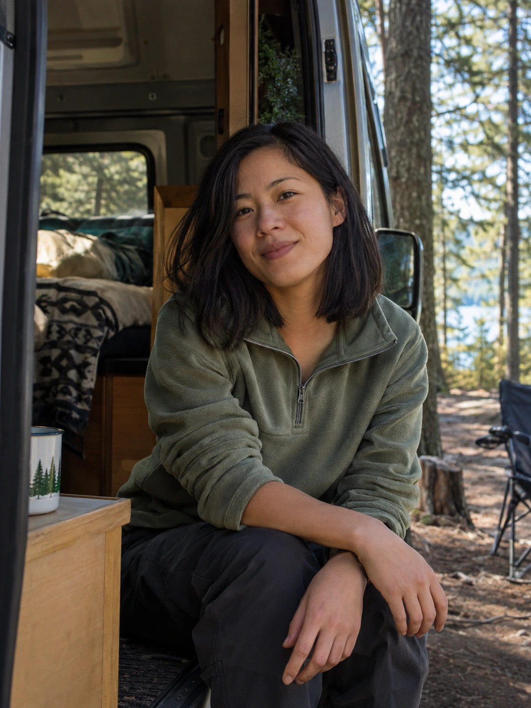 Natural travel portrait beside a campervan